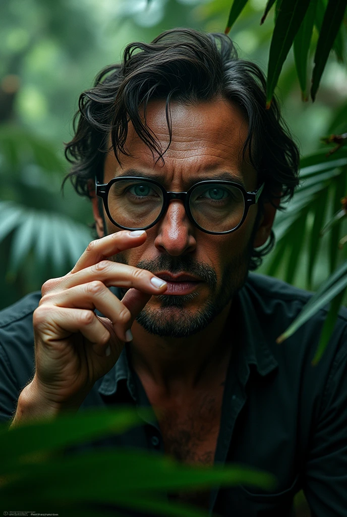 Cillian murfhy in jungle with cigrate and blood with glasses

