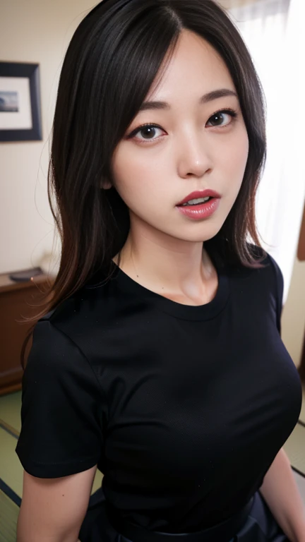 realistic, photo-realistic, best quality, masterpiece, high resolution,  intricate details, extremely detailed, solo, a Japanese mature, (open mouth,cum in mouth), shirt, skirt, detailed face, detailed dark eyes, sophisticated nose, pale skin, sweaty, shiny skin, photo background, indoors, home, 