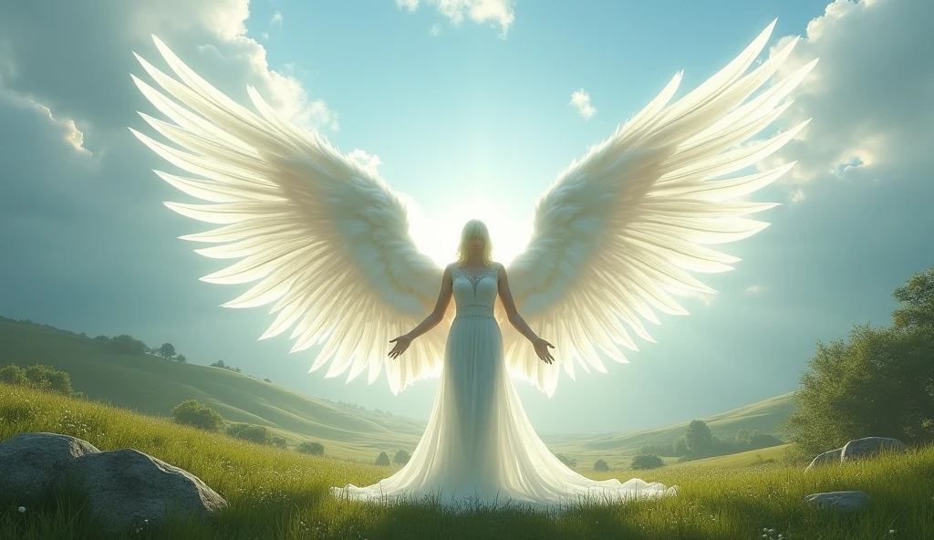 Long white angel wings lot of feathers ultra realistic in landscape