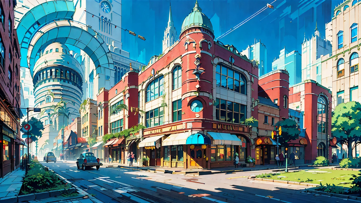 (retrofuturistic), art deco architecture, streamline moderne, (romanesque architecture), fantasy setting, (big (neon signs) ), small town, ((no characters)), ((Cobblestone buildings, metal buildings, wood buildings)), (trees, grass, plants, foliage, high vegetation), peaceful, optimistic, atmospheric, ((masterpiece)), ((anime)), ((cartoony)), ((stylized)), (( 1990s (style) ))
