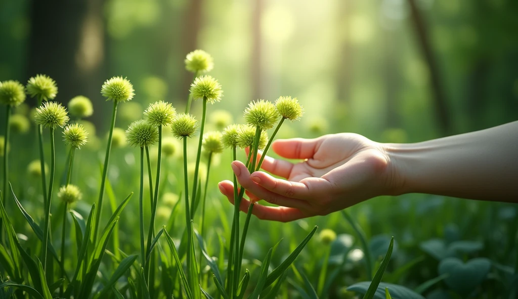 In the osmanthus forest, there are leeks with green flowers everywhere.，A hand picked the chives with green flowers（best quality，4K，8k，High level，masterpiece：1.2），Ultra Detailed，（lifelike，Photo real，Photo real：1.37）