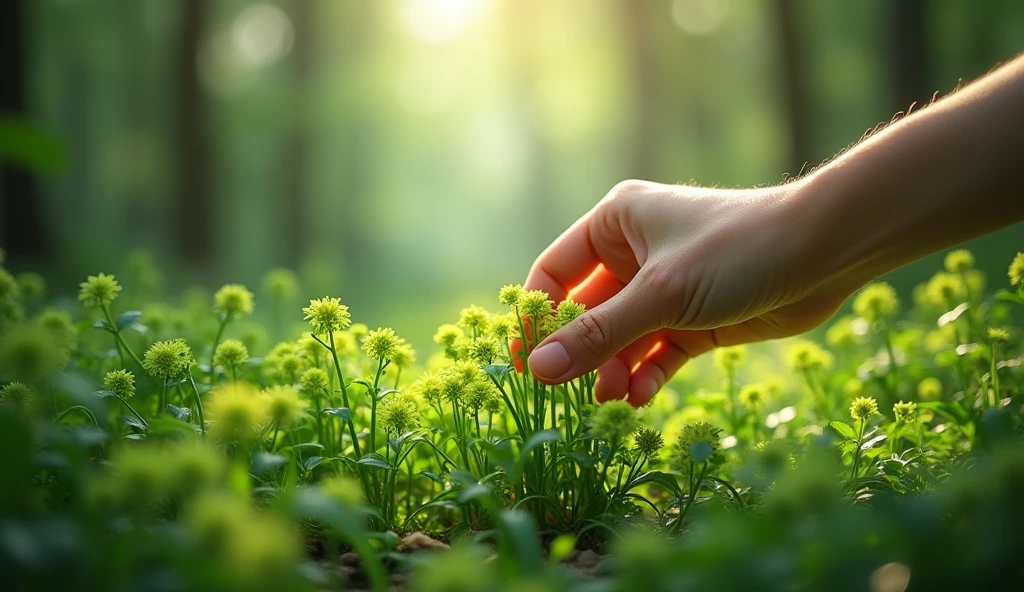 In the osmanthus forest, there are leeks with green flowers everywhere.，A hand picked the chives with green flowers（best quality，4K，8k，High level，masterpiece：1.2），Ultra Detailed，（lifelike，Photo real，Photo real：1.37）