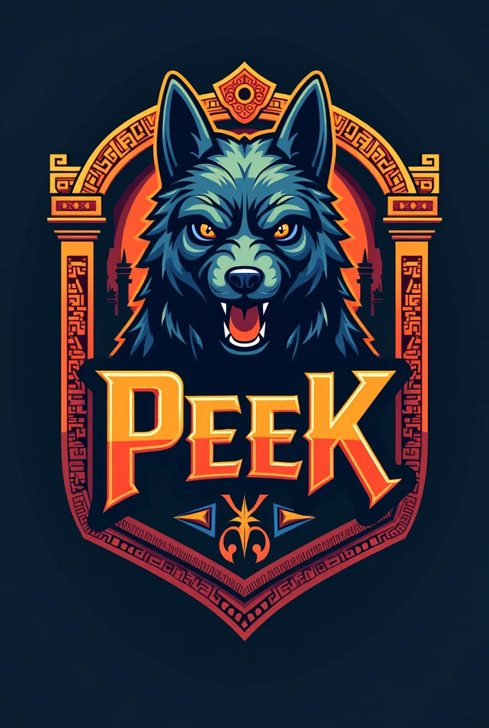 mayan style dog logo, for a sports team named Peek and that has striking colors but the dog looks imposing and that everything is surrounded by a border in the shape of a Mayan shield that has the name Peek with striking words that the border has more Aztec details that has the dog glyph that has more details of Mayan structures in the background and on the shield
