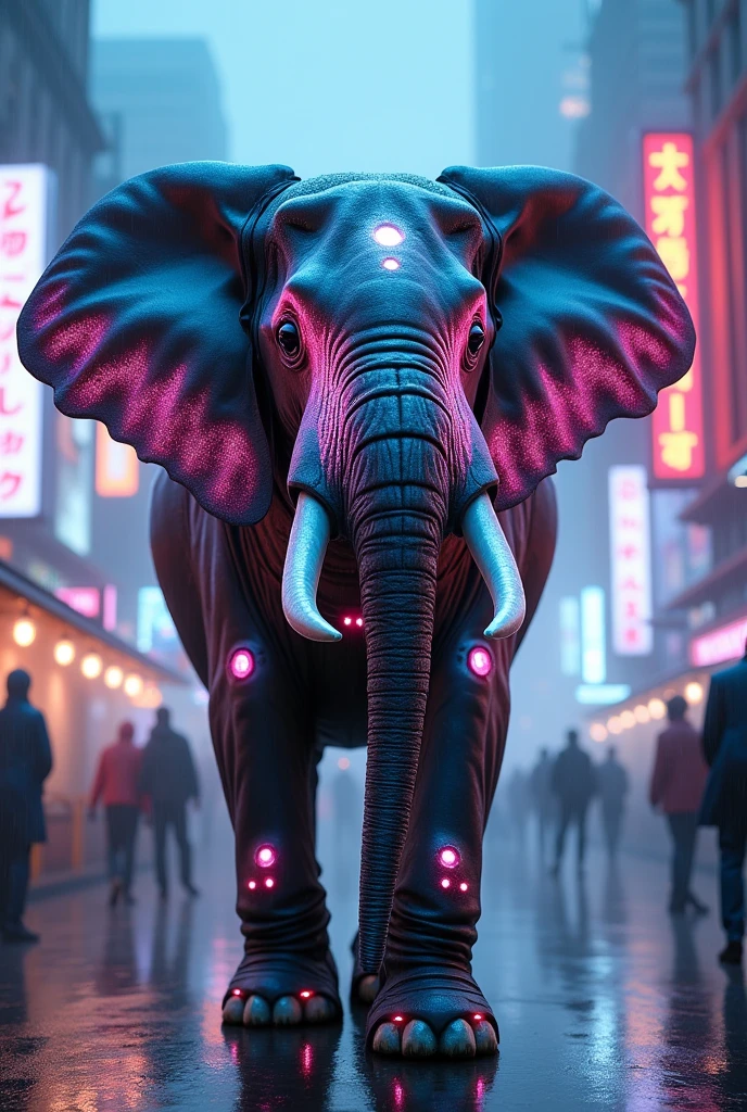Elephant wear iron man suit in blue pink neon city at geavy rain with fog, people are watching