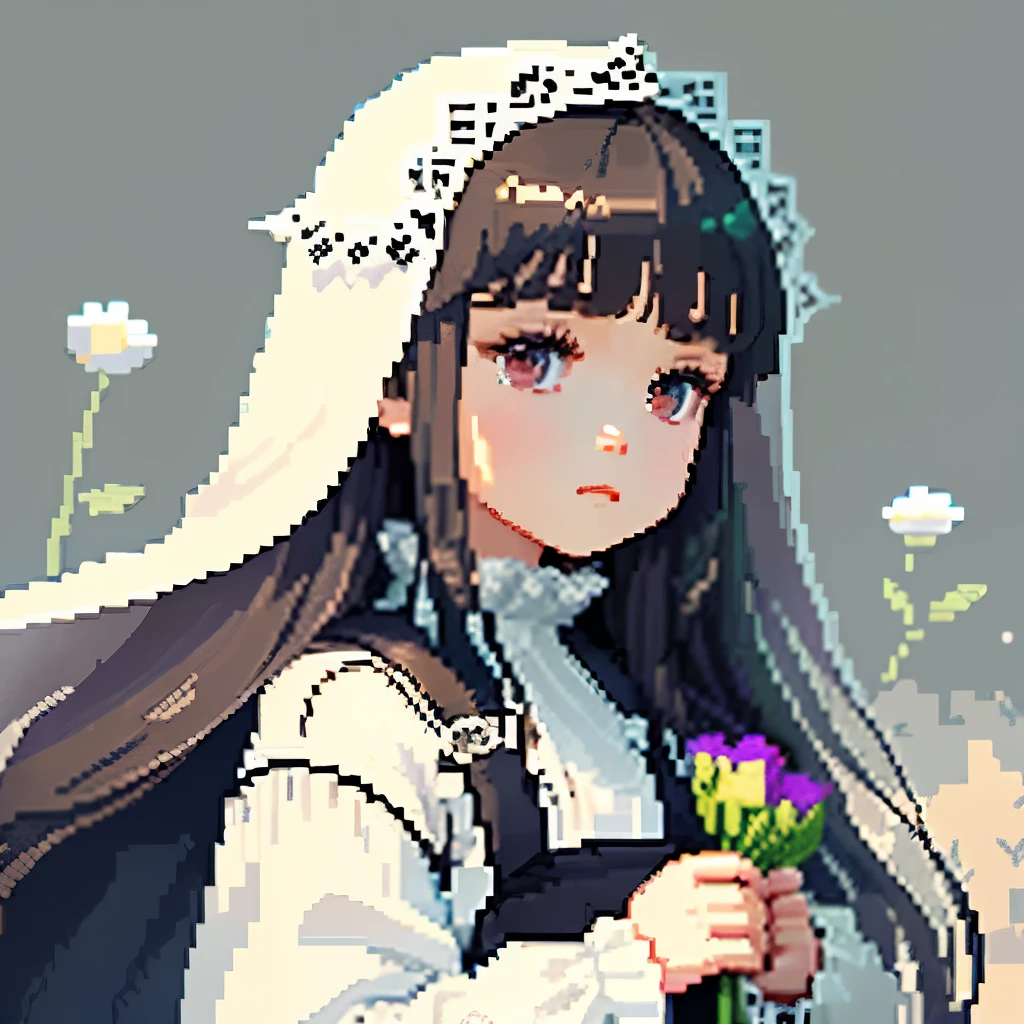 He was dressed in light clothes, Gothic white and pale light blue outfit、Girl with long hair in a dull beige color、Look back and look at this.、pixel art、Pixel Art Illustration、pixels、Plain background、Upper body、For icons、pixels_Art Book,Composition centered on the face、Straight face、Gothic headdress、pixels、Game-style illustration、pixel art、pixels、holding flowers
、Bangs, Bangs, Bangs, Thin eyebrows、Eyebrows the same color as your hair、