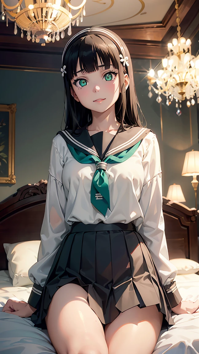 highest quality,masterpiece,8k,1girl,medium breasts,orgasm,blush, sweat,mini skirt,lift skirt,upskirt,white panties,Mizuki Yukikaze,hair ribbon, green shirt, serafuku, white neckerchief, long sleeves, pleated skirt, black skirt, black thighhighs,bedroom, fellatio,man,penis,handjob