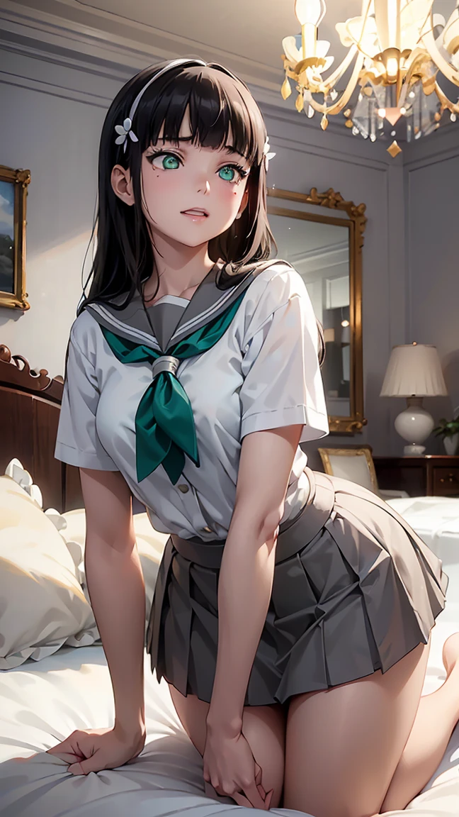 Kurosawa Dia, (((long hair))), (((straight hair))), bangs, beautiful black hair, hair accessory, (green eyes: 1.3), side locks, hair clip, blunt bangs, mole, mole under mouth,--aqua neckerchief, grey sailor collar, grey skirt, miniskirt, neckerchief, pleated skirt, sailor collar, sailor shirt, school uniform, serafuku, shirt, skirt, summer uniform, uranohoshi school uniform, white shirt,--- --Rear view, woman turned away from you, on all fours, thin figure, slender girl 1, (((sleepy expression))), (((dozing))) , , --- --Pure white panties are visible, (from below: 1.2), --- --Beautiful pure white lace bra, (((Show me your beautiful pure white lace lingerie))). ((Pure white and beautiful panties)), pure white and beautiful stockings, ---(8K, Raw, Highest Quality, Real 1.2), Ultra High Quality, High Resolution, Highest Quality, Perfect Face, Perfect Limbs, Perfect Fingers, High Resolution, (Beautiful Anime Face, Cute Face, Detailed Face), Joyful Smile, Smiling Expression, Lying on Bed, Cowboy Shot, Miniature Human Hand, (((medium Bust 1.3))), (((Slender Thighs 1.3))), Pure White Chalk Interior, Pure White Marble Interior, ((Pure White Bedroom Like a Western Castle: 1.5)), ((Luxurious Pure White Canopy Bed: 1.4)), (((Chandelier: 1.4))), ((Pure white bed 1.5)), ((Beautifully decorated bedroom 1.5)), ((Modern style bedroom 1.5)), Perfect anatomy, Perfect proportions, Nice lighting, Bright colors, Clean lines, Information, Blurred, Stunning facial expression, Restless emotions, Gorgeous and pretty, Beautiful face and eyes with every detail, (Masterpiece) Beautiful face, Young and handsome girl, Really perfect skin, Blurred, Stunning facial expression, Restless emotions, Gorgeous and pretty, Beautiful face and eyes with every detail, (Audrey Hepburn), (Cute), (J-POP idol), (Thighs, (Depth of field), (Depth of field), Soft light, Sparkling lens gaze, (Droopy eyes), Straight teeth, Shy smile, Flowing hair, A scene from Blake's movie,,