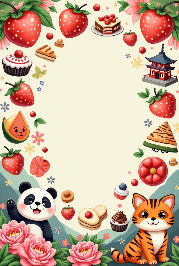 Show me a template with 30 animal stickers, flores, Japanese fruits and desserts animated