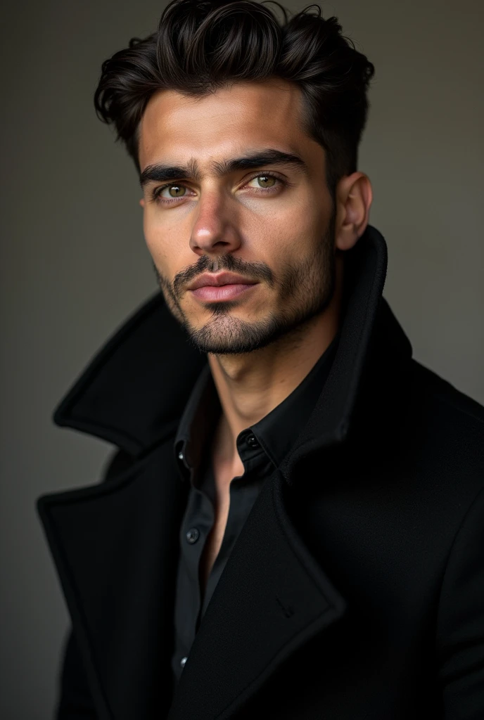 An Turkish handsome man with a fair complexion , round face , small chin , big eyes , and full lips , clean shaven ,A little above average height. Twenty-seven years old and athletic body wearing black pent coat.