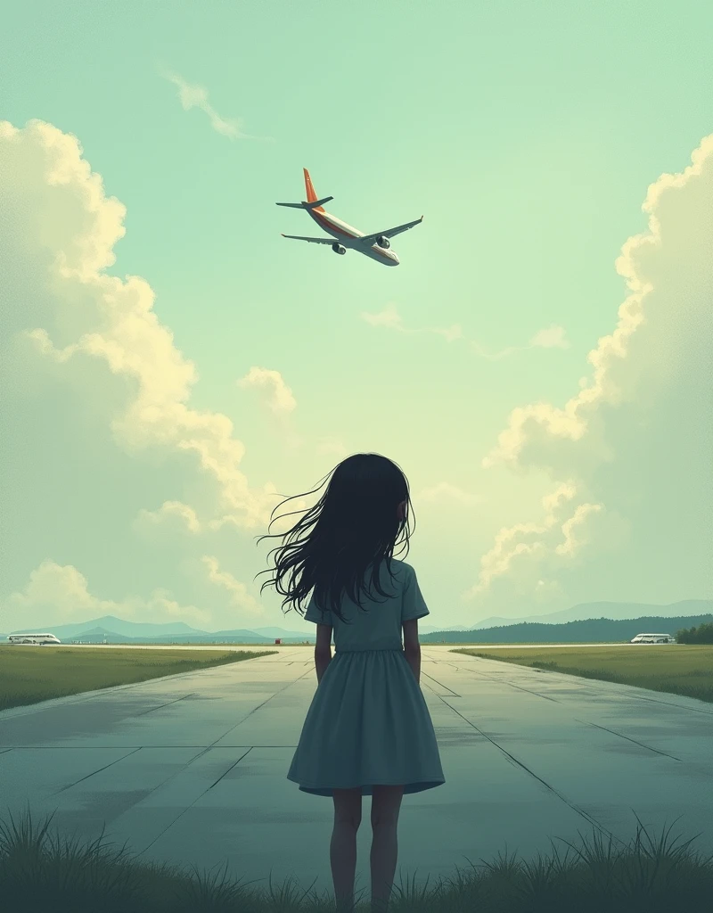 Create a cover image where a girl is waiting from backside and looking in an airport runway and one plane is flying in air. This image is for the book cover. Make it artistic