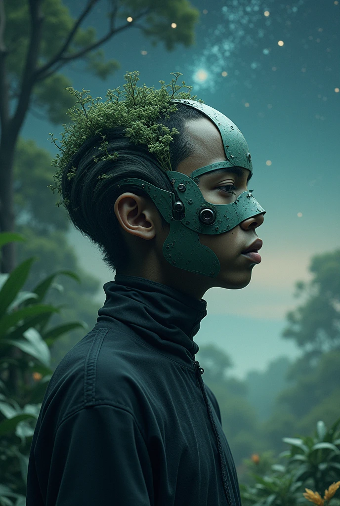 A profile name ARYA with standing mas kman bg is like nature space not lady I want man and bg like space nature yes this image is good but I want cool mask on it it is scary I want peace