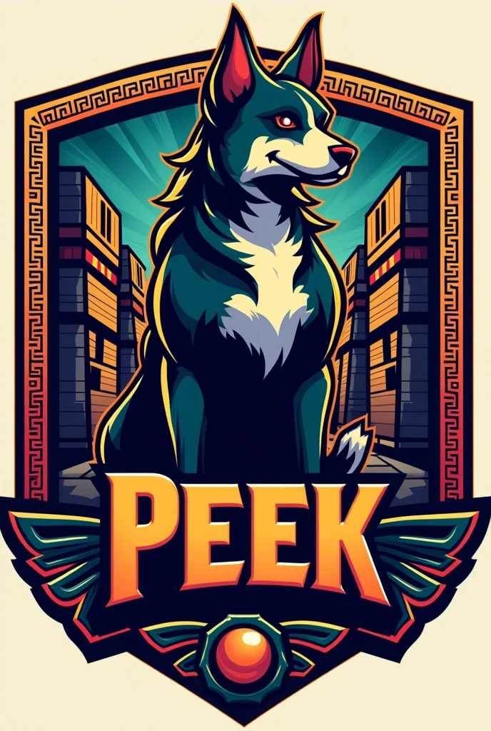mayan style dog logo, for a sports team named Peek and that has striking colors but the dog looks imposing and that everything is surrounded by a border in the shape of a Mayan shield that has the name Peek with striking words that the border has more Aztec details that has the dog glyph that has more details of Mayan structures in the background and in the shield that has more vibrant colors