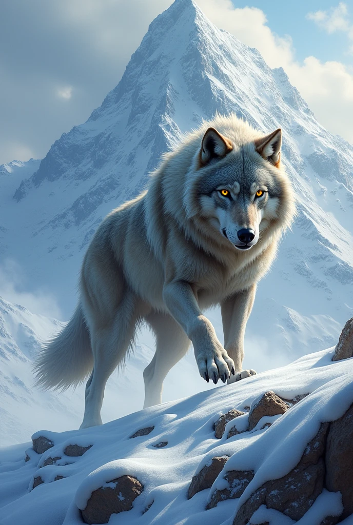 White mountain with angry wolf