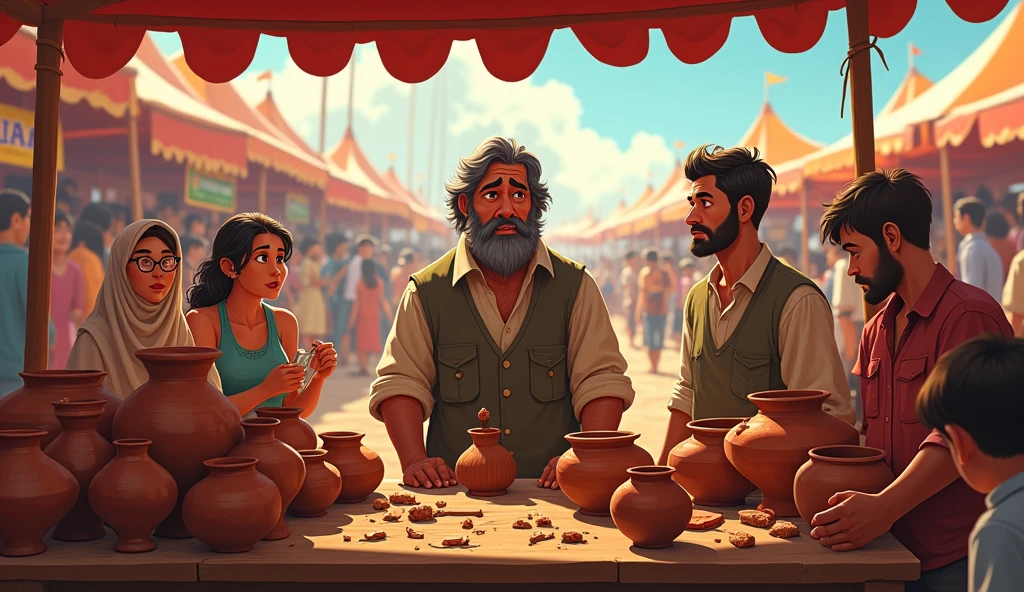 Ramu's stall at the fair, displaying beautiful and diverse pottery, but some of the pots appear broken. Disappointing reactions and critical looks from onlookers are also visible.cinematic  cartoon steal 