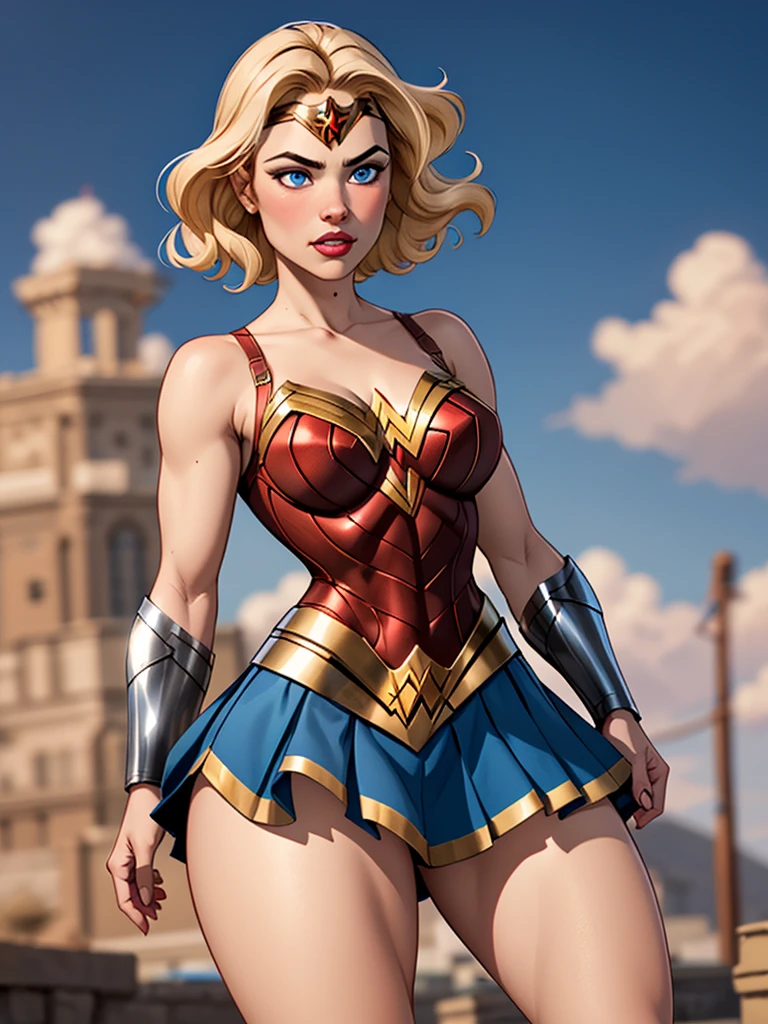 Blonde girl with short hair, blue eyes, wearing A piece of armor without a worker, armor like Wonder Woman's in blue, wearing a strappy skirt brown,  wearing a tiara on her forehead, thick thighs 