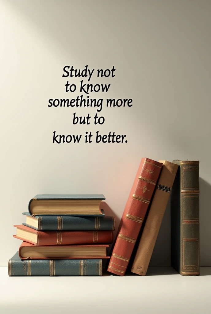 Image of books with the phrase that says study not to know something more but to know it better 