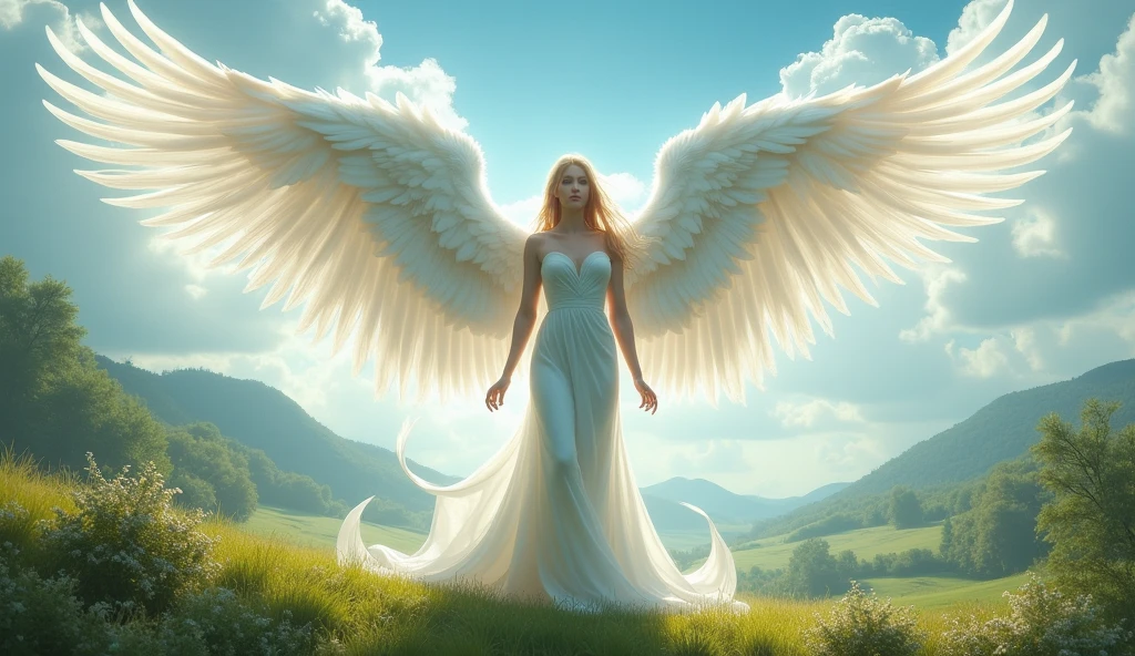 Long white angel wings lot of feathers ultra realistic in landscape 
