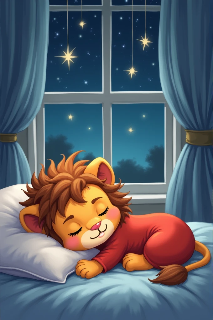 Create an illustration of a young lion cub named Sallu who has a human-like appearance. Sallu has fluffy hair, 
lion is lying on its side with its head  a white pillow and its eyes closed. It is wearing a red outfit and has a big smile on its face. The background shows a window with blue curtains and a night sky with stars. The overall mood of the image is peaceful and serene.