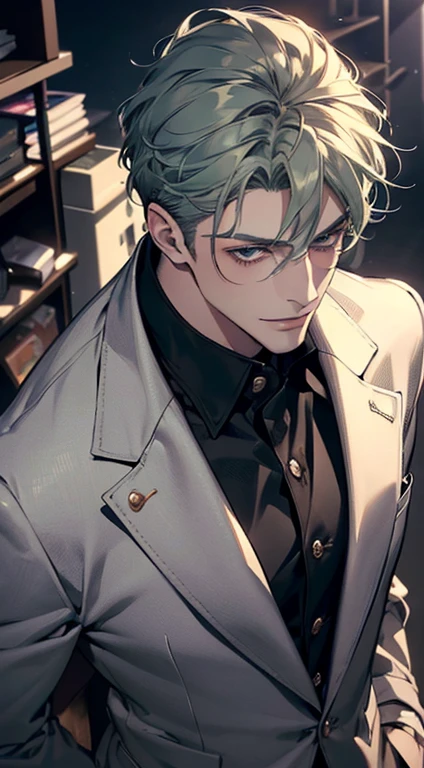 (best quality, masterpiece, 8K, photorealistic, cinematic lighting, 1:4 hdr image, top view, ultra detailed, beautiful image), a mature man, very handsome, short grey green hair, blue eyes, perfect face without errors , ((buttoning his jacket, CEO)), smile in love.