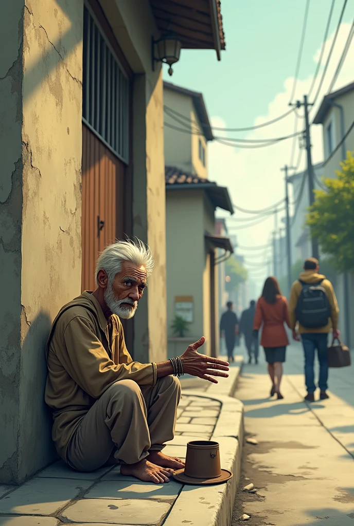 kiko, the character of "keys", is on a simple street, sitting in a corner with worn clothes and a sad expression. He stretches out one hand to ask for alms, while holding a hat in the other. Ao fundo, there is a worn wall, and some people pass by, ignoring him. The general mood is one of sadness, but the scene still maintains a light, cartoonish touch, typical of the style of "keys".
