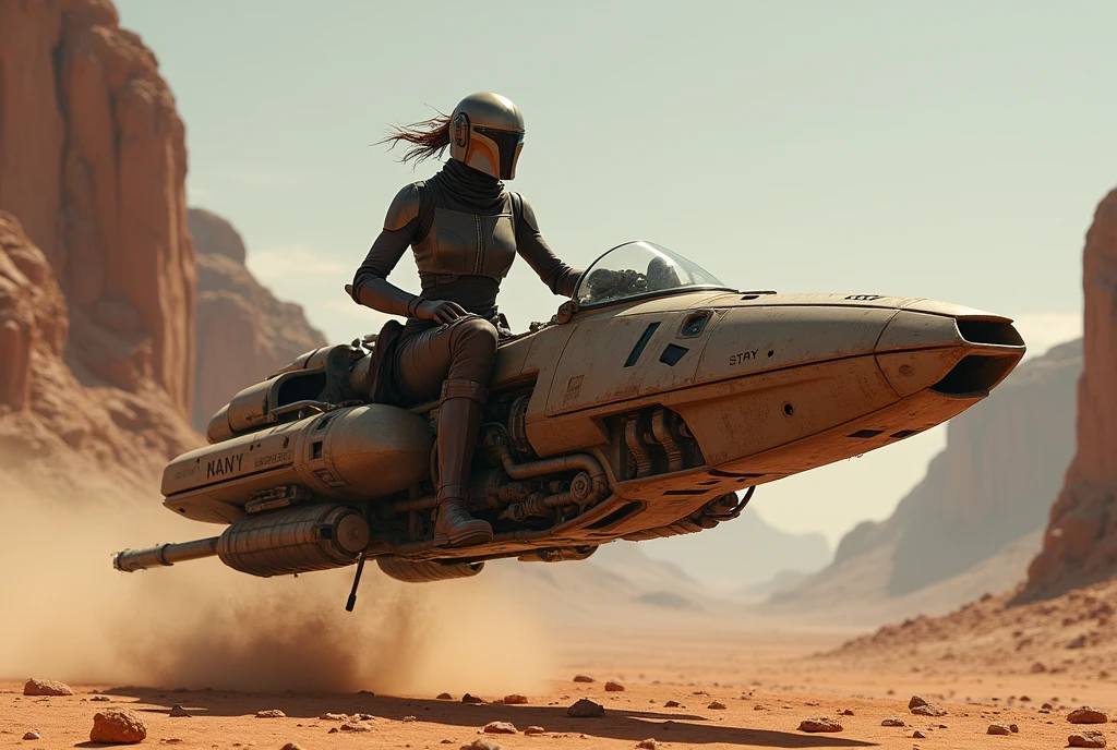 一人乗りの浮上式Speeder Bike、movie「Star Wars」Speeder Bike、Piloted by a woman in an assassin plug suit、Ancient Technology、Speeding, The machinery is exposed、Valley、Mandaean