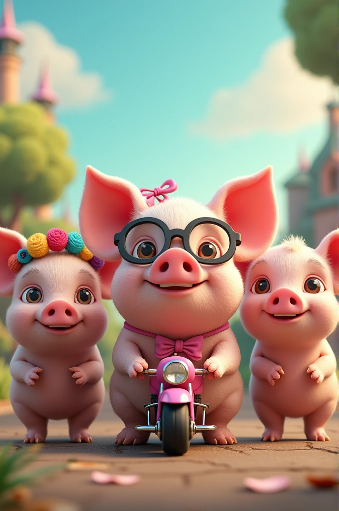 4 pigs, one very cute, another with curlers and glasses, another with a motorcycle and another with a pink bow