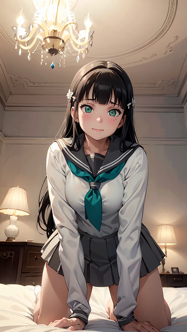 Kurosawa Dia, (((long hair))), (((straight hair))), bangs, beautiful black hair, hair accessory, (green eyes: 1.3), side locks, hair clip, blunt bangs, mole, mole under mouth,-aqua neckerchief, grey sailor collar, grey skirt, miniskirt, neckerchief, pleated skirt, sailor collar, sailor shirt, school uniform, serafuku, shirt, skirt, summer uniform, uranohoshi school uniform, white shirt,--- --Rear view, woman turned away from you, on all fours, thin figure, slender girl 1, (((sleepy expression))), (((dozing))) , , --- --Pure white panties are visible, (from below: 1.2), --- --Beautiful pure white lace bra, (((Show me your beautiful pure white lace lingerie))). ((Pure white and beautiful panties)), pure white and beautiful stockings, ---(8K, Raw, Highest Quality, Real 1.2), Ultra High Quality, High Resolution, Highest Quality, Perfect Face, Perfect Limbs, Perfect Fingers, High Resolution, (Beautiful Anime Face, Cute Face, Detailed Face), Joyful Smile, Smiling Expression, Lying on Bed, Cowboy Shot, Miniature Human Hand, (((medium Bust 1.3))), (((Slender Thighs 1.3))), Pure White Chalk Interior, Pure White Marble Interior, ((Pure White Bedroom Like a Western Castle: 1.5)), ((Luxurious Pure White Canopy Bed: 1.4)), (((Chandelier: 1.4))), ((Pure white bed 1.5)), ((Beautifully decorated bedroom 1.5)), ((Modern style bedroom 1.5)), Perfect anatomy, Perfect proportions, Nice lighting, Bright colors, Clean lines, Information, Blurred, Stunning facial expression, Restless emotions, Gorgeous and pretty, Beautiful face and eyes with every detail, (Masterpiece) Beautiful face, Young and handsome girl, Really perfect skin, Blurred, Stunning facial expression, Restless emotions, Gorgeous and pretty, Beautiful face and eyes with every detail, (Audrey Hepburn), (Cute), (J-POP idol), (Thighs, (Depth of field), (Depth of field), Soft light, Sparkling lens gaze, (Droopy eyes), Straight teeth, Shy smile, Flowing hair, A scene from Blake's movie,,