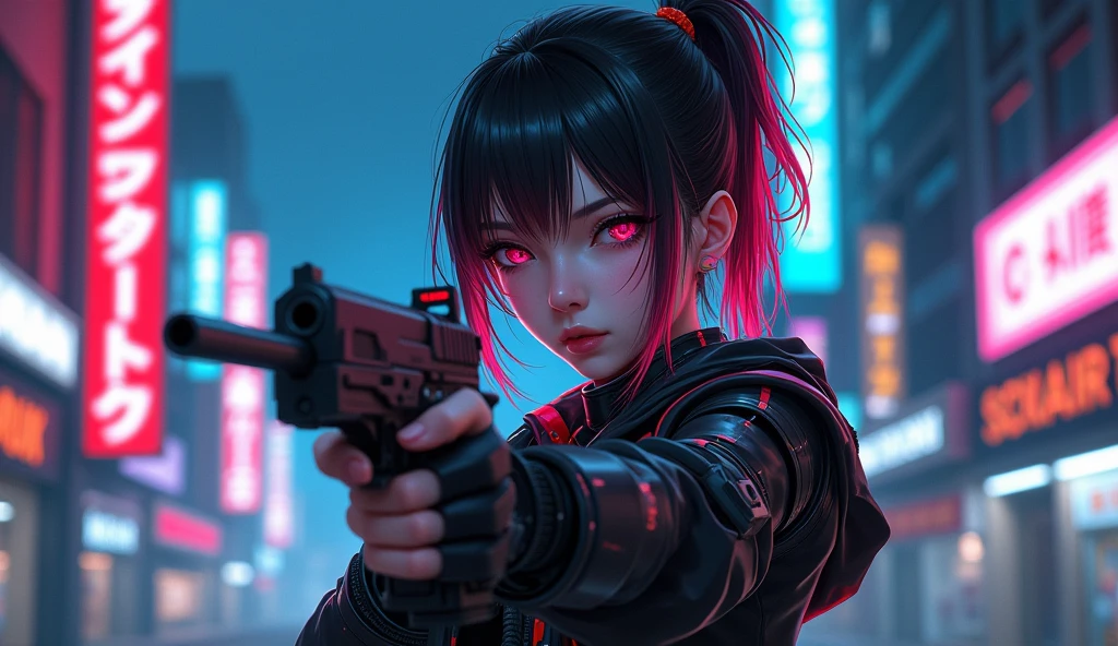 Cyberpunk , Japanese ,anime girl Holding a gun