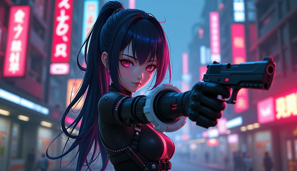 Cyberpunk , Japanese ,anime girl Holding a gun