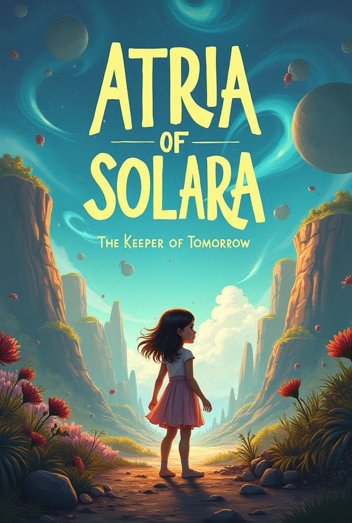 book cover titled " Atria of Solara: The Keeper of Tomorrow " it's about a small 6yr old girl who is making her earth like planet habitable for humans use the title