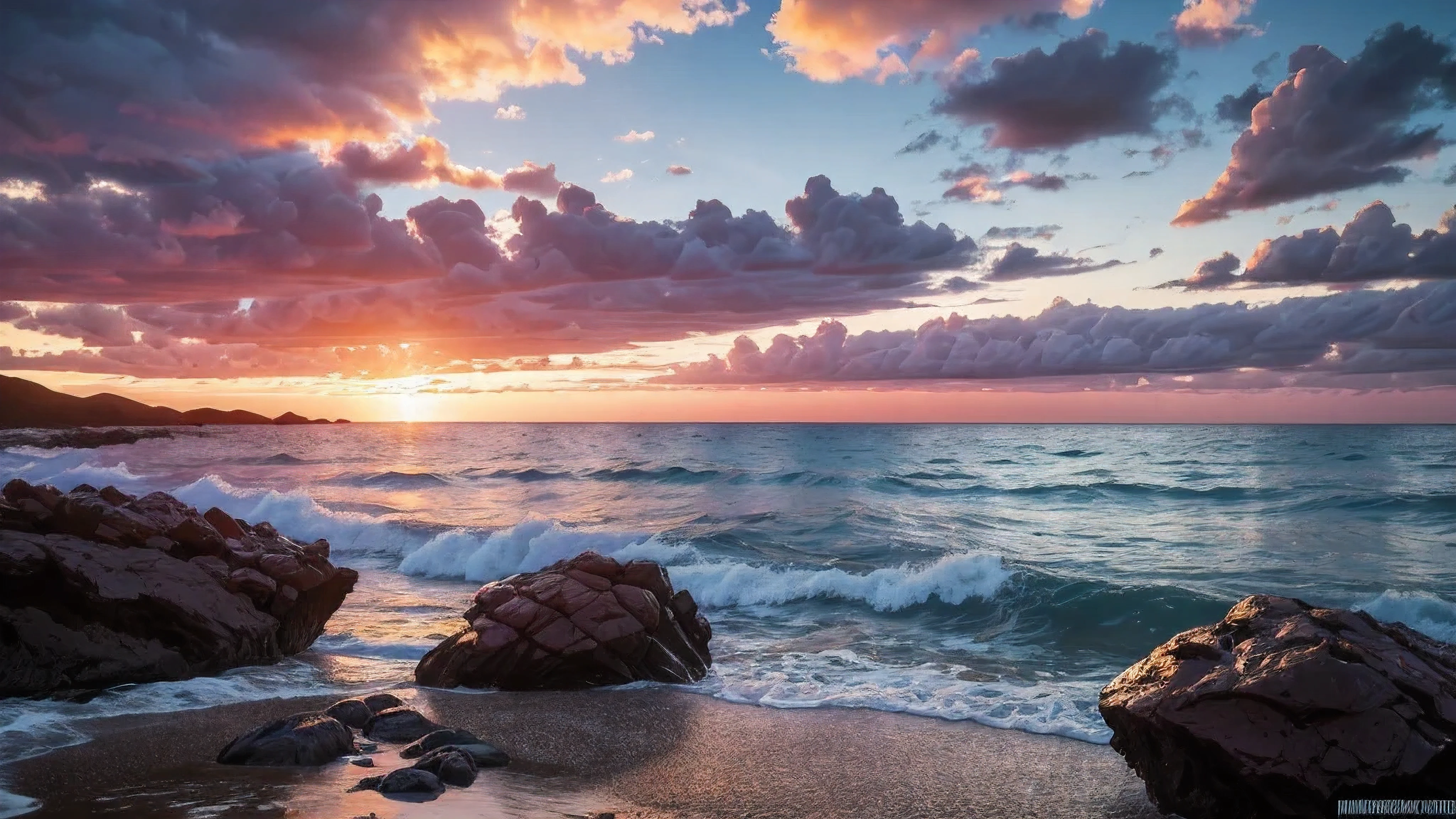 colorful sunset reflecting the flat ocean with rocks in the foreground