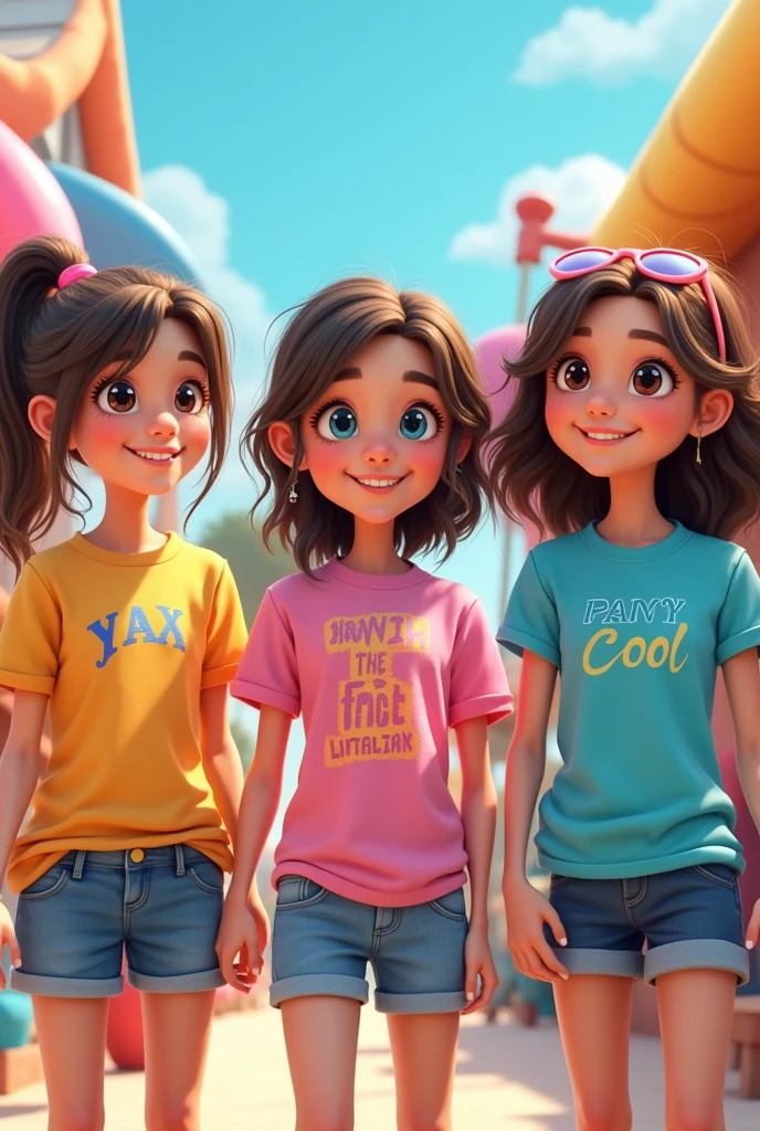 Cartoon of 3 girls wearing Tm shirts, wearing TT shirts, wearing w shirts 4k