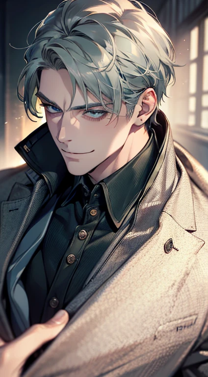 (best quality, masterpiece, 8K, photorealistic, cinematic lighting, 1:4 hdr image, top view, ultra detailed, beautiful image), a mature man, very handsome, short grey green hair, blue eyes, perfect face without errors , ((buttoning his jacket, CEO)), smile in love.