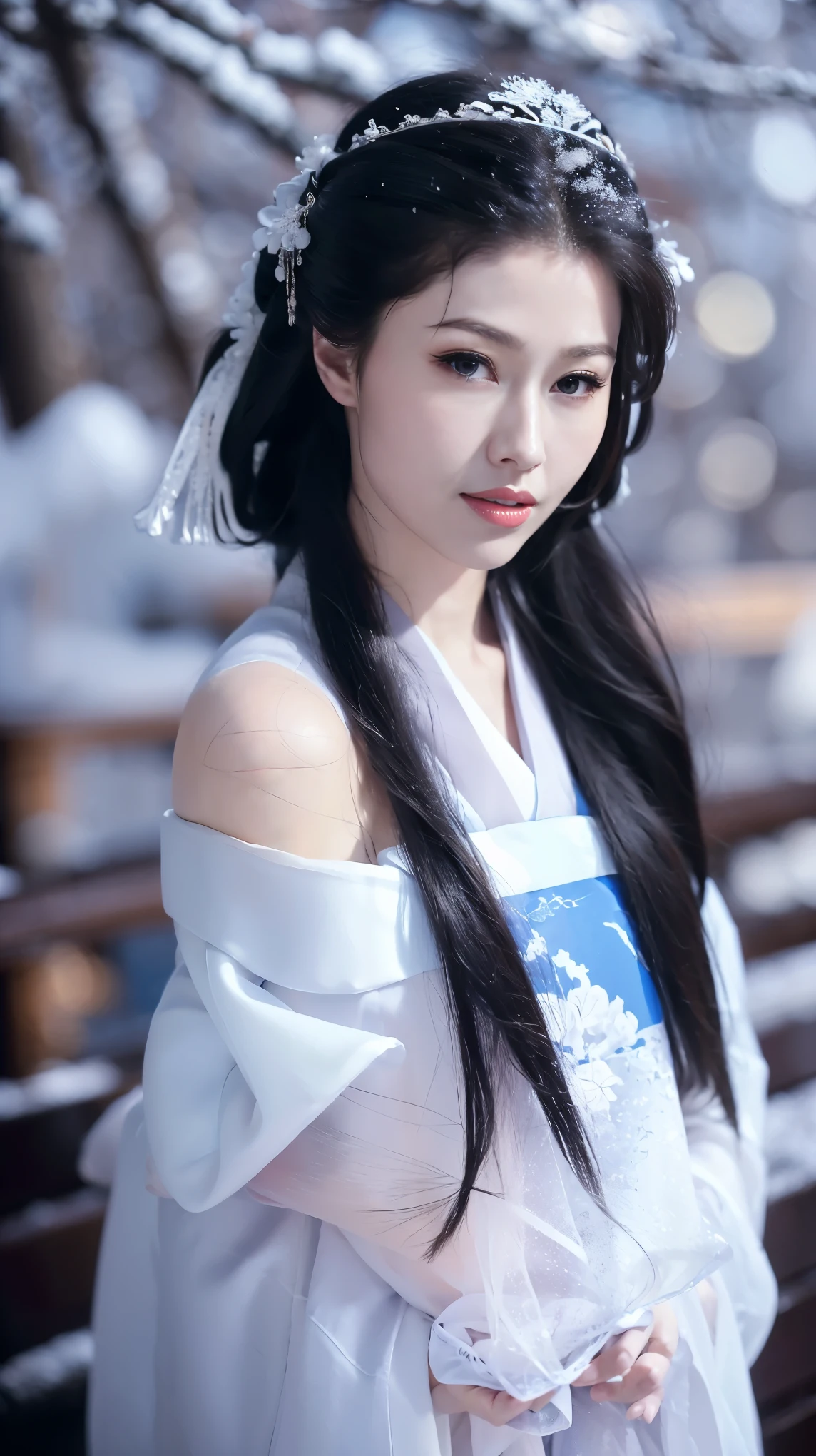 1 Fashion Model [[[[close up]]]], [[[[neck]]]], [[[[Shoulder]]]], (((Complete head)))，(((Complete hairstyle)))，Perfect eyes, Perfect Iris，Perfect lips，Perfect Teeth，Perfect skin，White skin，Soft headlights，High-density imaging，Black long hair，（Clean and delicate face），((Simple fur winter Hanfu))，((full-body shot))，((The background is a snowy scene))，((winter))，((Various dynamic poses))，((The background is a snowy scene))，best quality，masterpiece，（Soft colors：1.2）