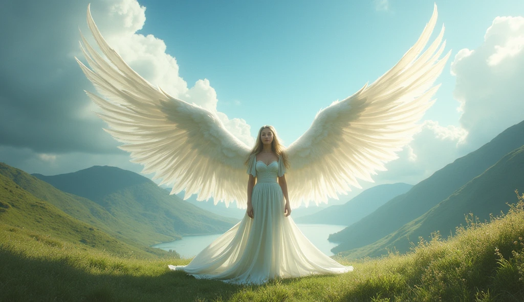 Long white angel wings lot of feathers ultra realistic in landscape