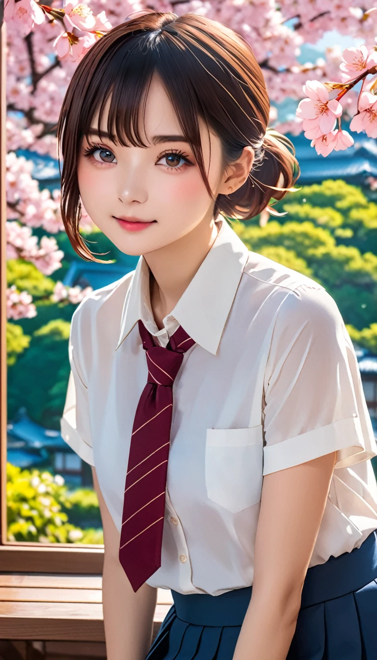 (masterpiece, top quality:1.2), 1 girl, One、(Table, top quality:1.2), 8 K,Ld, 85 mm, official art, RAW photo, absurd, белая Classическая рубашка, cute face, close, upper body, viola lace, gardenia, beautiful girl, (dark red tie:1.1)、(dark blue pleated skirt:1.1), Sinch West, hips, Short sleeve, Class, Ponytail、short hair、short hair、Sit on a bench, I look at the viewer, Without makeup, (smile:0.4), granularity, chromatic aberration, Sharp Focus, face light, clear lighting, , detailed face, ((background bokeh,Japanese school Class、Class、View of cherry tree from window))