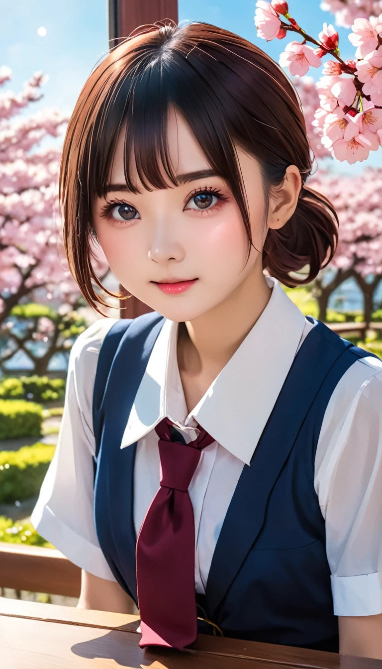 (masterpiece, top quality:1.2), 1 girl, One、(Table, top quality:1.2), 8 K,Ld, 85 mm, official art, RAW photo, absurd, белая Classическая рубашка, cute face, close, upper body, viola lace, gardenia, beautiful girl, (dark red tie:1.1)、(dark blue pleated skirt:1.1), Sinch West, hips, Short sleeve, Class, Ponytail、short hair、short hair、Sit on a bench, I look at the viewer, Without makeup, (smile:0.4), granularity, chromatic aberration, Sharp Focus, face light, clear lighting, , detailed face, ((background bokeh,Japanese school Class、Class、View of cherry tree from window))