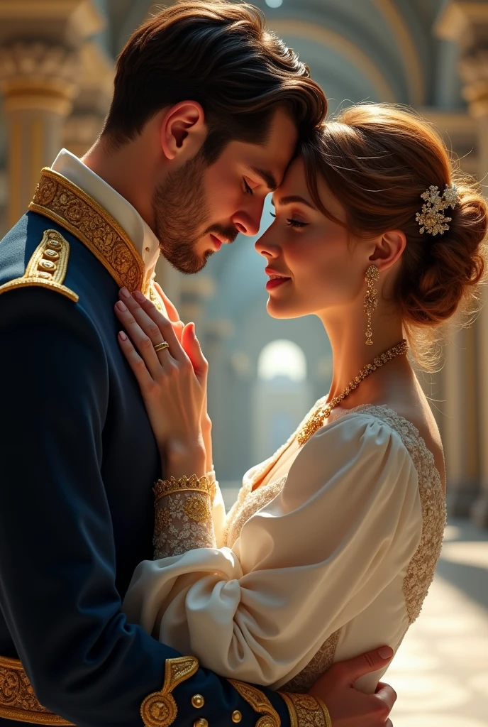 A cover for a fantasy romance novel with the title words “Beneath the Kingdom’s Shadow”: In a utopian sci-fi fantasy world, a farmer’s daughter named Tristin, aged 26, chestnut hair that is curled and pinned up gracefully at the nape of her neck, unassuming beauty, a modest white wedding dress that covers her shoulders with long sleeves with gold embellishment, and Prince Kendrick who is 35, several inches taller than Tristin, with short dark hair and a hint of facial hair, in regal navy blue waist coat with gold buttons and gold embellishments that match Tristin’s wedding dress. Kendrick’s hand is on Tristin’s cheek. Back drop is a grand hall with high arched ceiling.