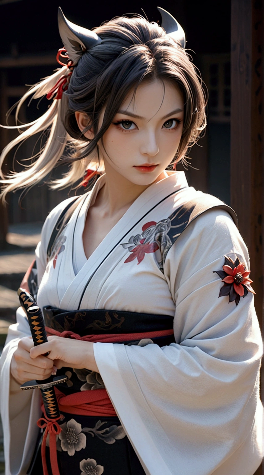 (Japanese sword &reference;Muramasa 2&reference;.2)Two beautiful women、Japanese swordを持った女性、Shinobi Costume、Warrior、Clear Eyes、{Arm tattoo、Warrior、Realistic battle scenes、敵Warriorの返りBlood、Blood、High resolution、Highest quality、Very detailed、8k、background、