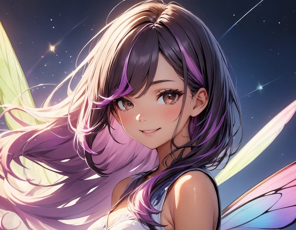 (highest quality:1.2, Very detailed, up to date, Vibrant, Ultra-high resolution, High Contrast, masterpiece:1.2, highest quality, Best aesthetics), Portraiture、girl, 25-years-old, Bright colors、Beautiful fine details、Beautiful lip detail, long hair、black and purple ((streaked hair:1.6)), highlights hair: 1.5, brown eyes, ((slim body:1.4)), (small breast:0.7), (dark skin:0.5), fairy, fairy wing, flying, happy:1, fairy land, pastel color, falling star dusts,upper body