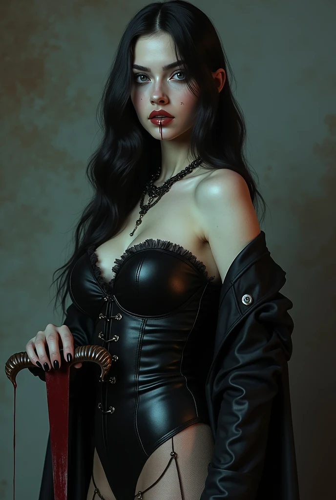 a beautiful female vampire, 2, curvy and lean, heavy bottom, pale smooth skin, with long silky black hair, icy grey eyes, luscious, long black nails, septum, innocent look, juicy lips, dressed as gothic, sexy, posing with a ritual dagger in her hand dripping blood, grin with fangs, eyes of madness, mad, dangerous female, hyperrealistic