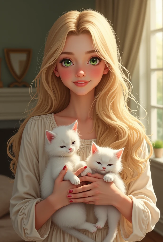 Picture 1: (the blonde woman with green eyes )(she is in her apparition)(the room is very beautiful and tidy )A young smiling woman, with long hair, holding a cute white kitten, looking at him with great affection in a cozy home environment.