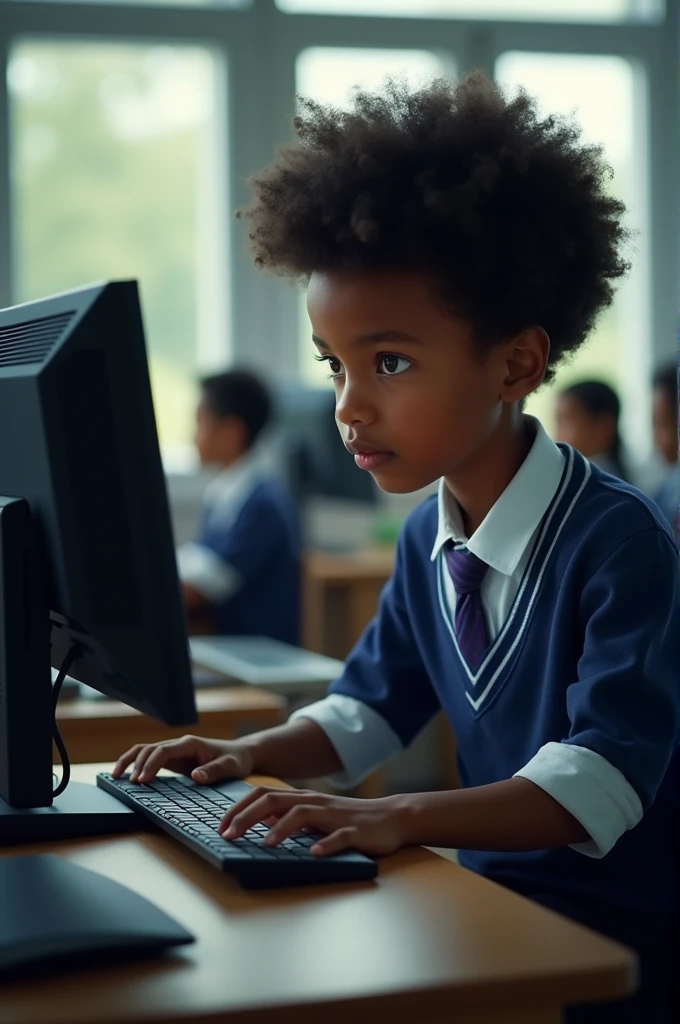 There is a black boy wearing a school uniform sitting and playing on a computer.