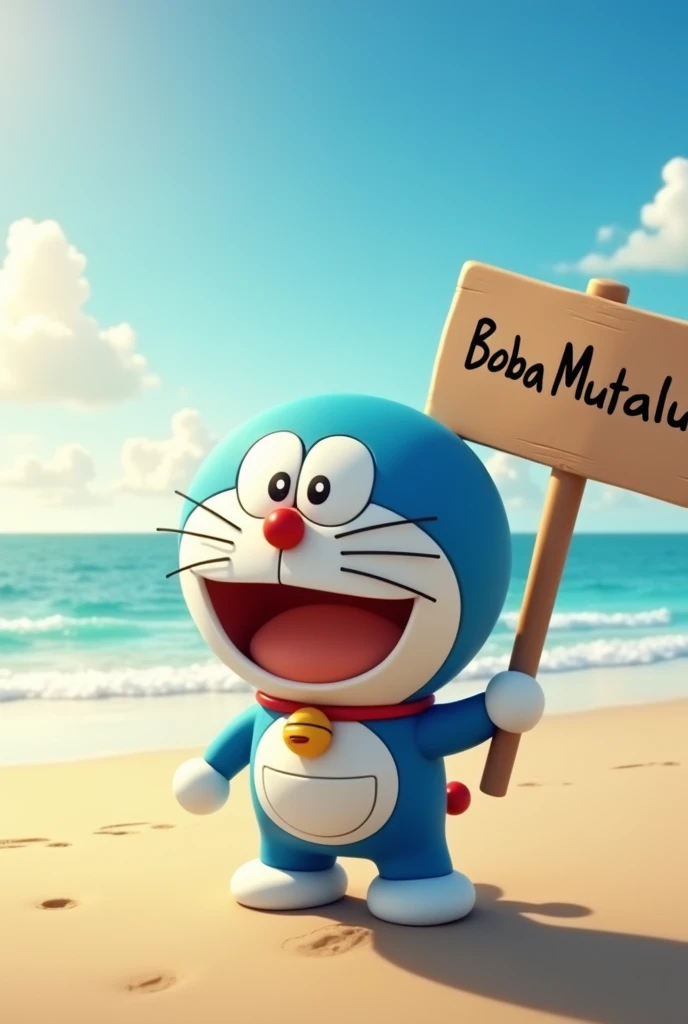 A 3D cinematic photo of Doraemon standing on a beach. He is smiling and holding a sign that says "Boba Mutalu" The background contains a vast ocean with waves crashing on the shore, and a clear sky with a few clouds. The lighting is soft as evening. The image is poster size.