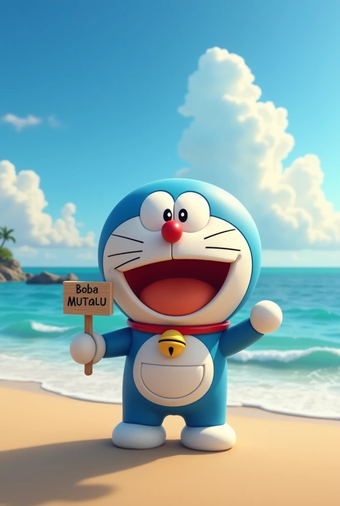A 3D cinematic photo of Doraemon standing on a beach. He is smiling and holding a sign that says "Boba Mutalu" The background contains a vast ocean with waves crashing on the shore, and a clear sky with a few clouds. The lighting is soft as evening. The image is poster size.