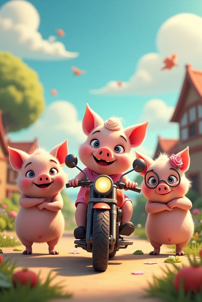 3 little pigs, one more youthful and cool style , another more intellectual , another more hard-working one, everyone saying goodbye to their parents .