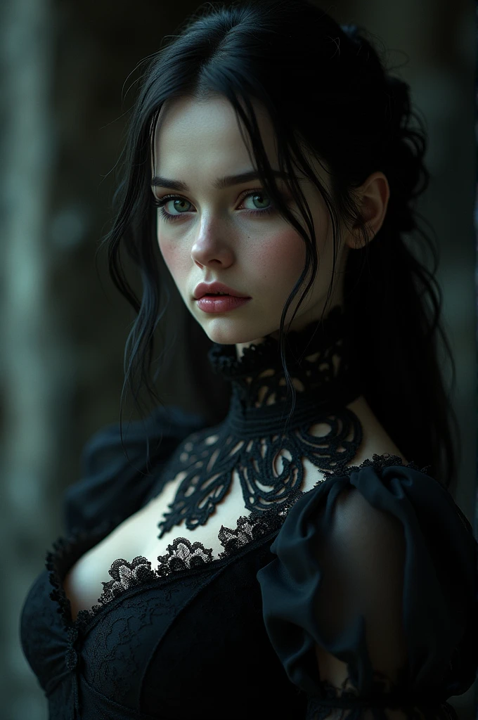 Vampire woman calm and deep look , a sad peak , beautiful face , with a very pretty gothic dress