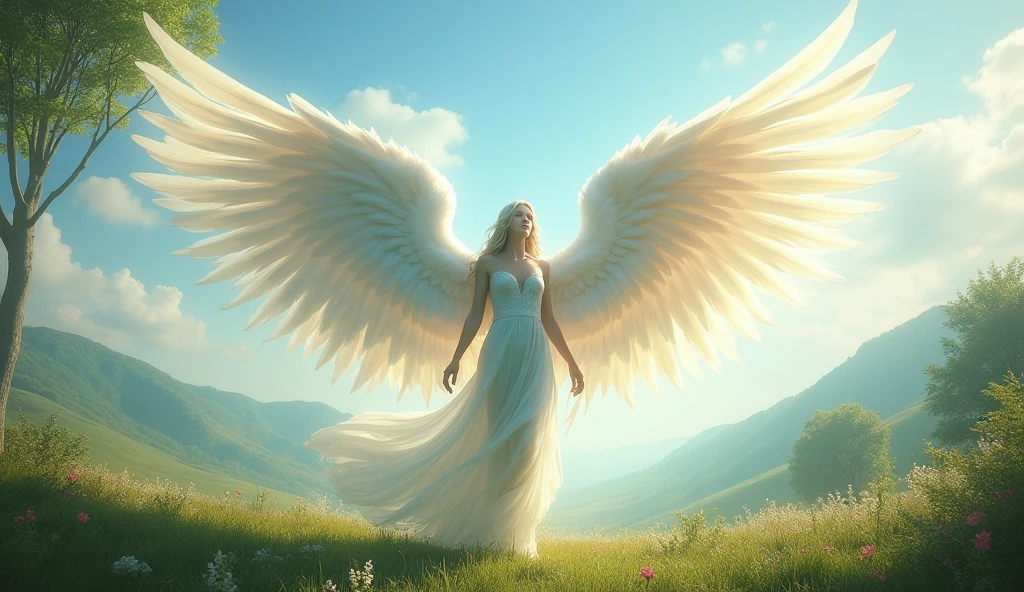 Long white angel wings lot of feathers ultra realistic in landscape