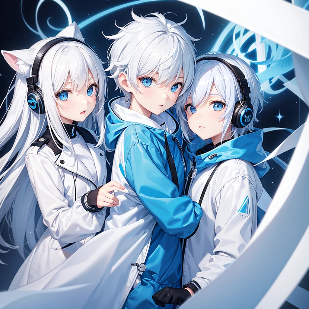 Being together One was , had short, white, unkempt hair, light blue eyes, was wearing a white and light blue jacket, and had slanted eyes. The other was , had white hair, light blue eyes, long, silky hair, a light blue and white jacket, and light blue and white cat-ear shaped headphones.