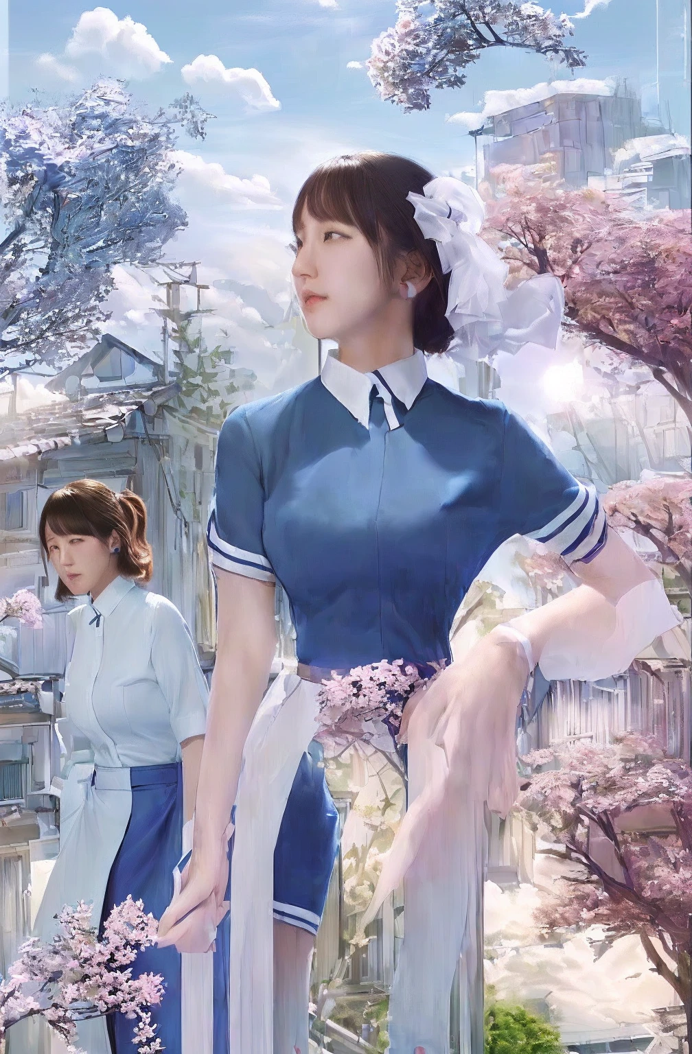 (best quality), (very aesthetic), (ultra-detailed),(Riho Yoshioka),araffe woman in a blue shirt and blue skirt , casual clothing style, shirt, loose - fitting blouses, summer shirt, short sleeves, summer sky, trendy clothes, large view, Japanese women's fashion,